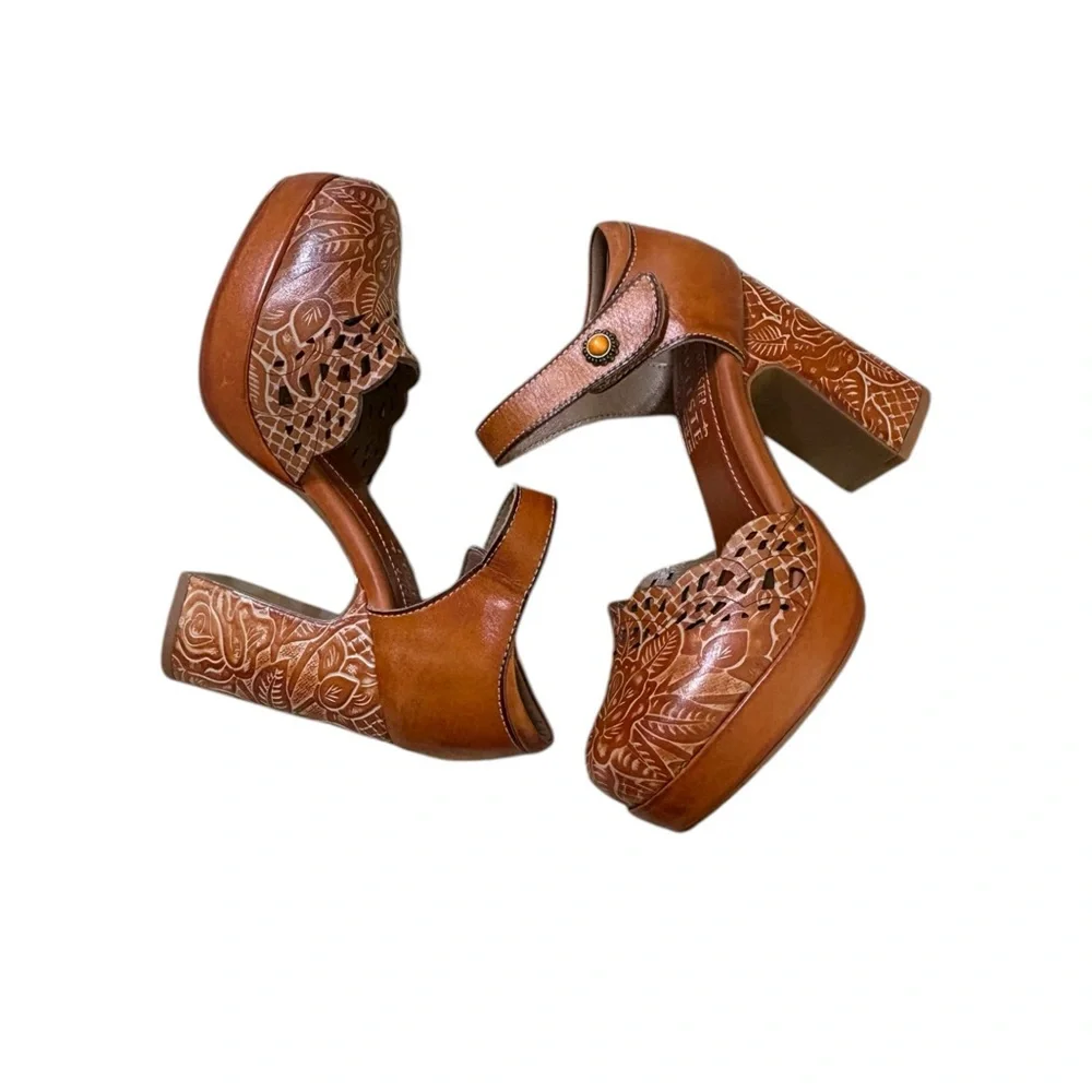 Spring Step Cognac Leather Platform Sandals with Carved Block Heel